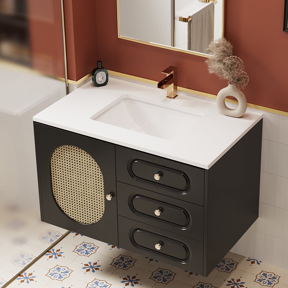 Customer Reviews for 800mm Black Floating Bathroom Vanity Undermount Ceramic Sink with Rattan Door Cabinet