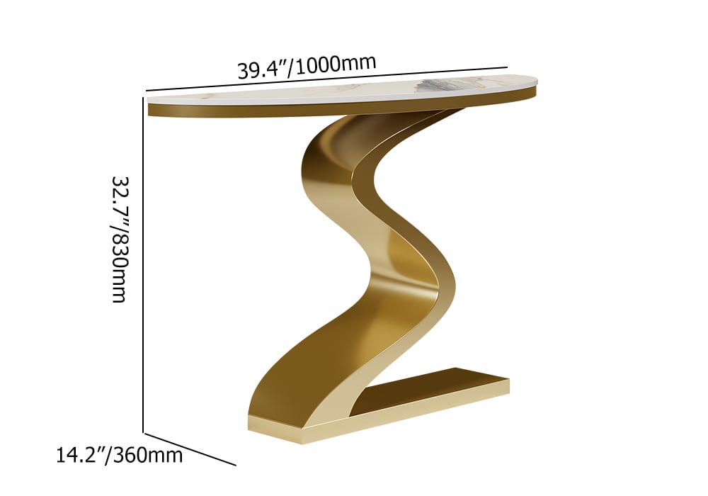 Modern 39.4"  White & Gold Curved Console Table with Sintered Stone Top Half Moon Shape weights dimensions image