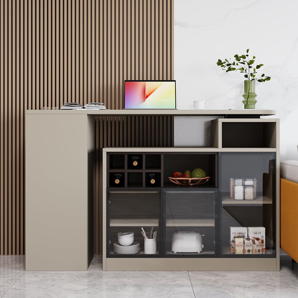 Questions and Answers for 1450mm-2100mm Sofa Bar Table Khaki Storage Cabinet Rotatable Behind Couch Pub Table