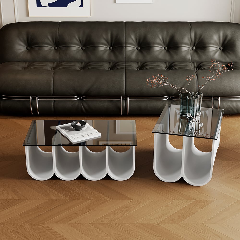 Customer Reviews for 2-Piece Square Coffee Table Set with Black Clear Glass Tabletop & White Metal Arch Base