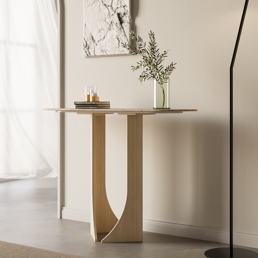Customer Reviews for 1000mm Oval Travertine Stone Console Table Modern Entryway Table with Abstract Base