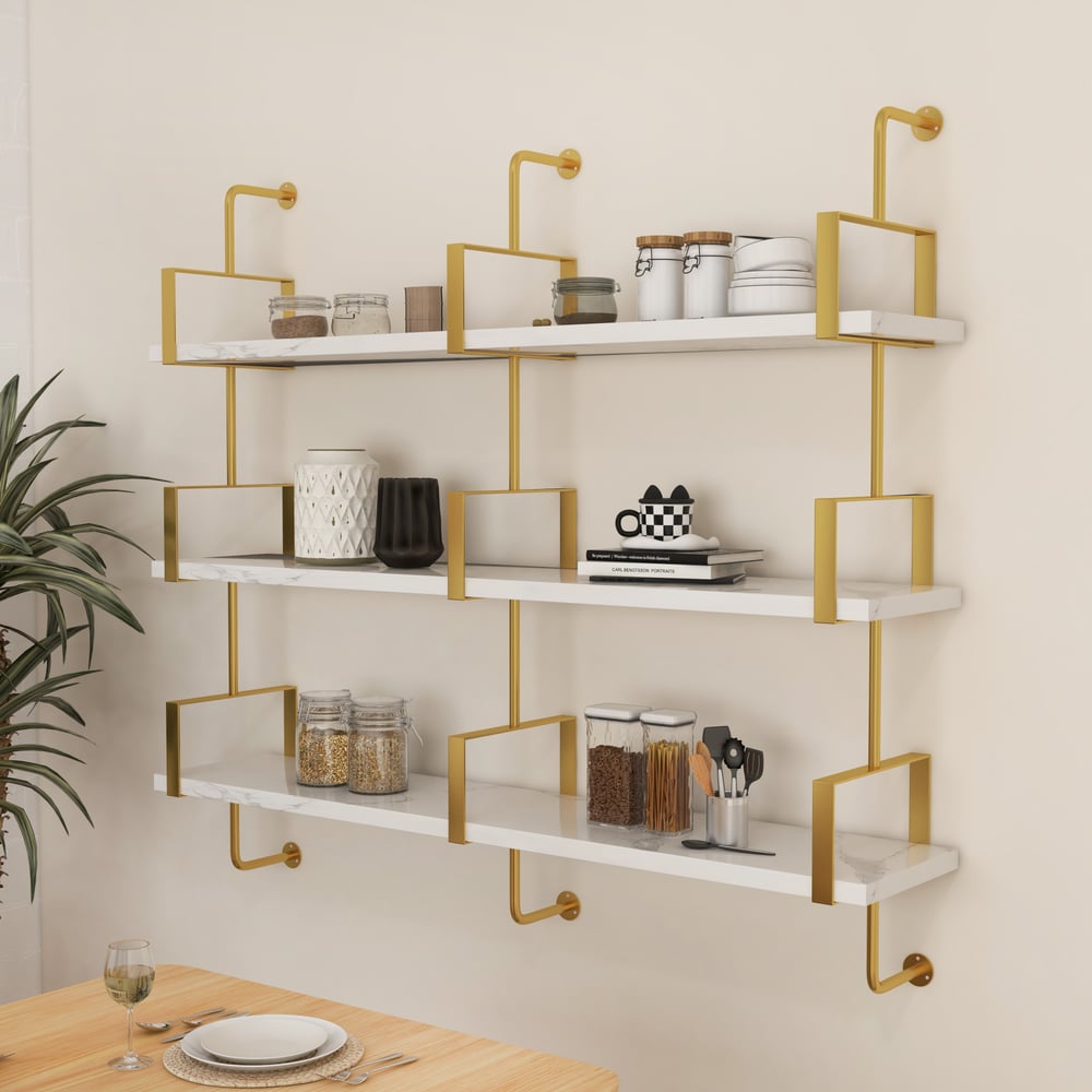 Questions and Answers for 3-Tier Modern Wall Mounted Shelves Long Floating Shelving in White & Gold