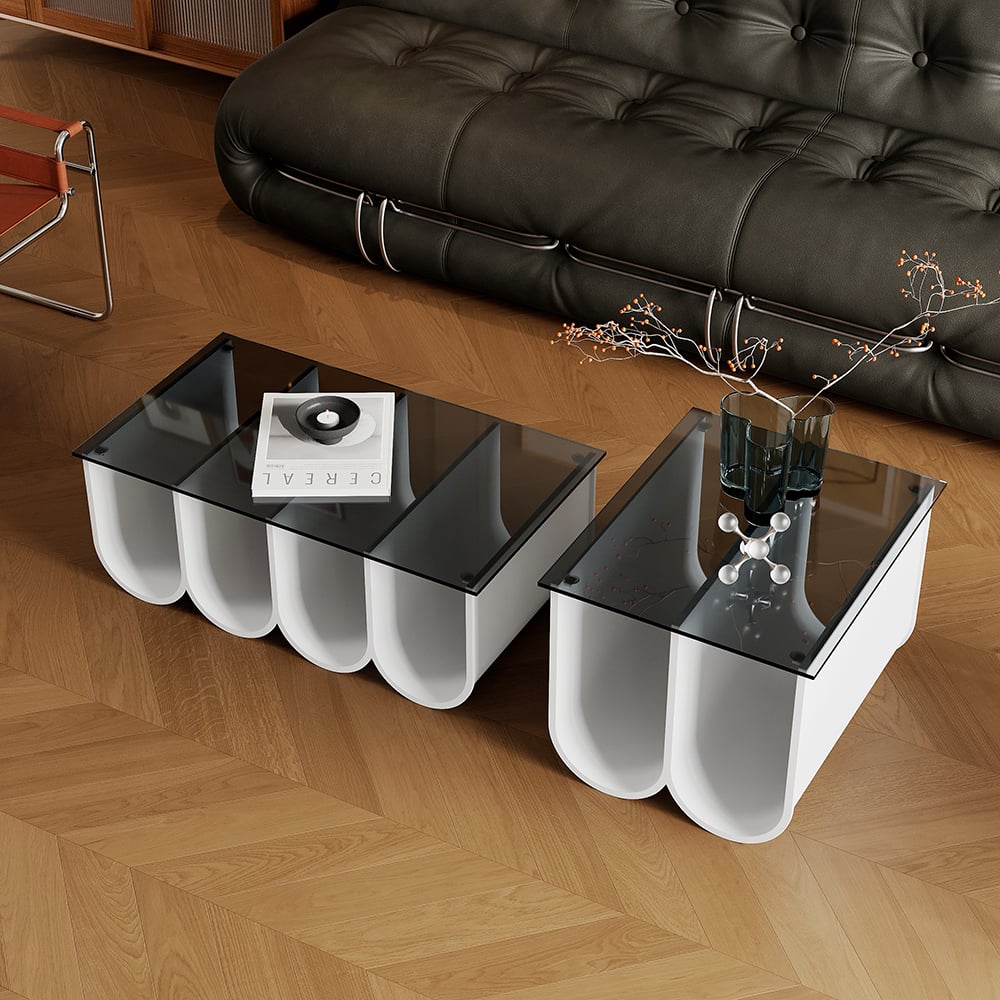 Customer Reviews for 2-Piece Square Coffee Table Set with Black Clear Glass Tabletop & White Metal Arch Base