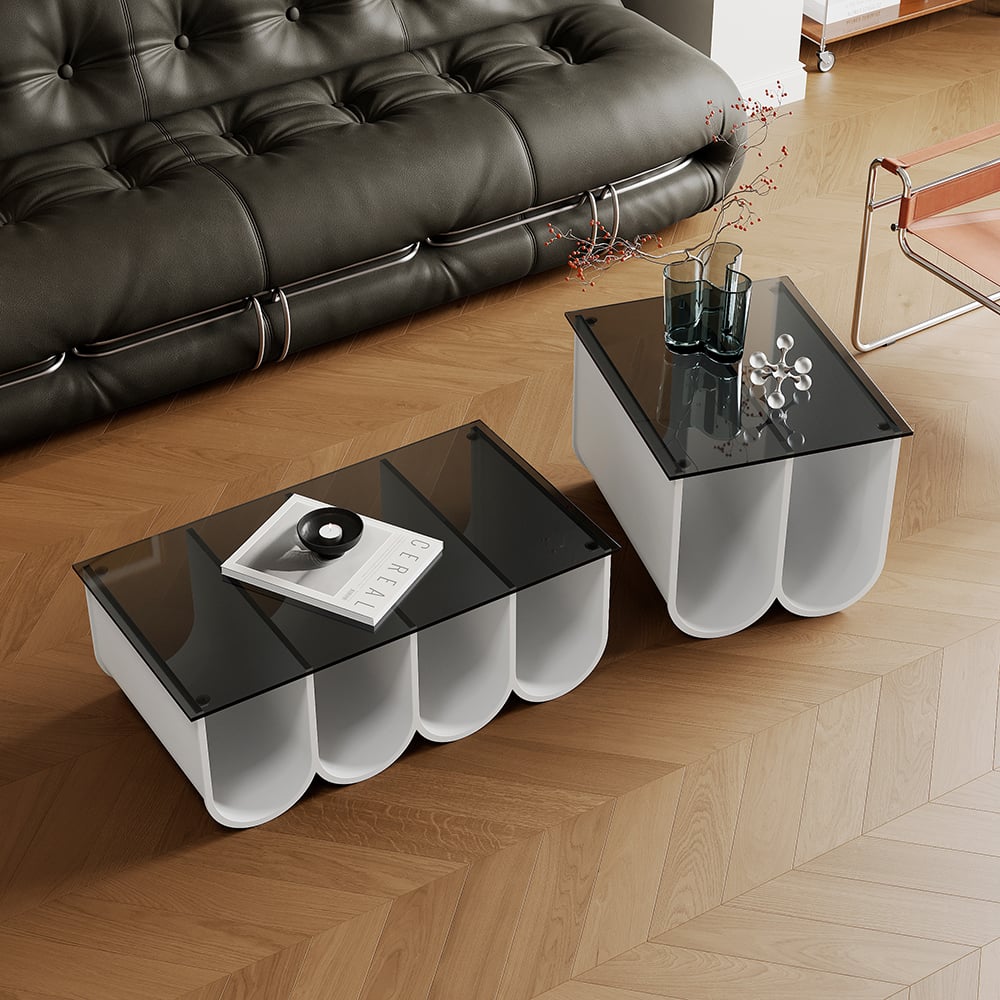 Customer Reviews for 2-Piece Square Coffee Table Set with Black Clear Glass Tabletop & White Metal Arch Base