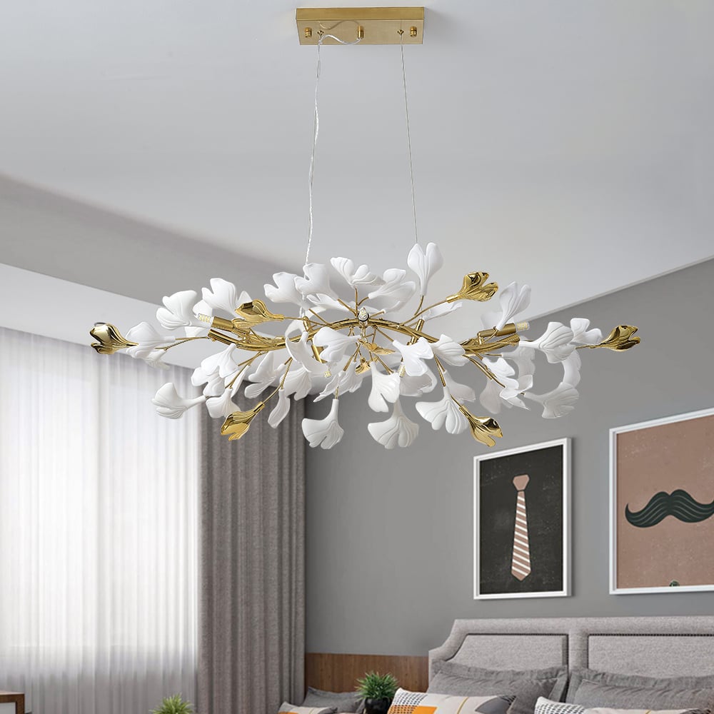 Questions and Answers for Martly 6-Light Art Deco Ginkgo Leaves Chandelier White & Gold Metal Ceiling Light