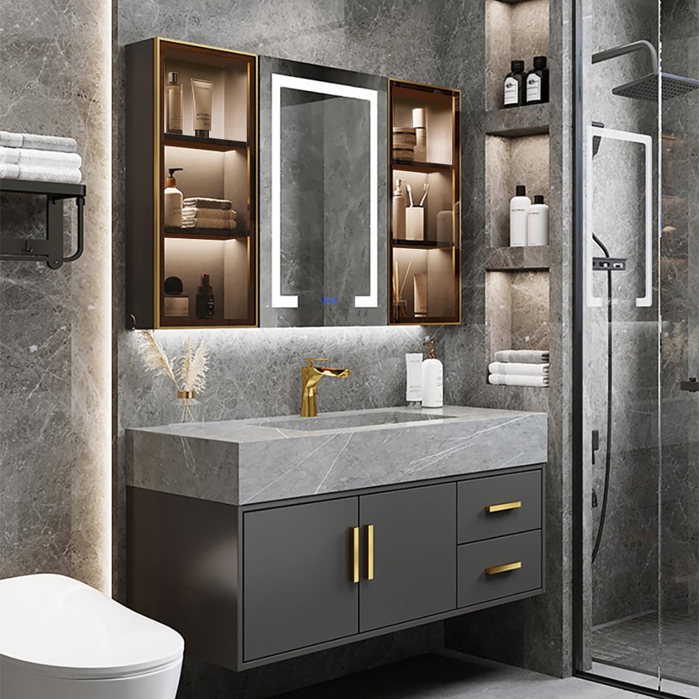 Oceny klientów dla 40-calowe czarne naścienne oświetlone diodami LED w łazience Lustro toaletowe z miejscem do przechowywania