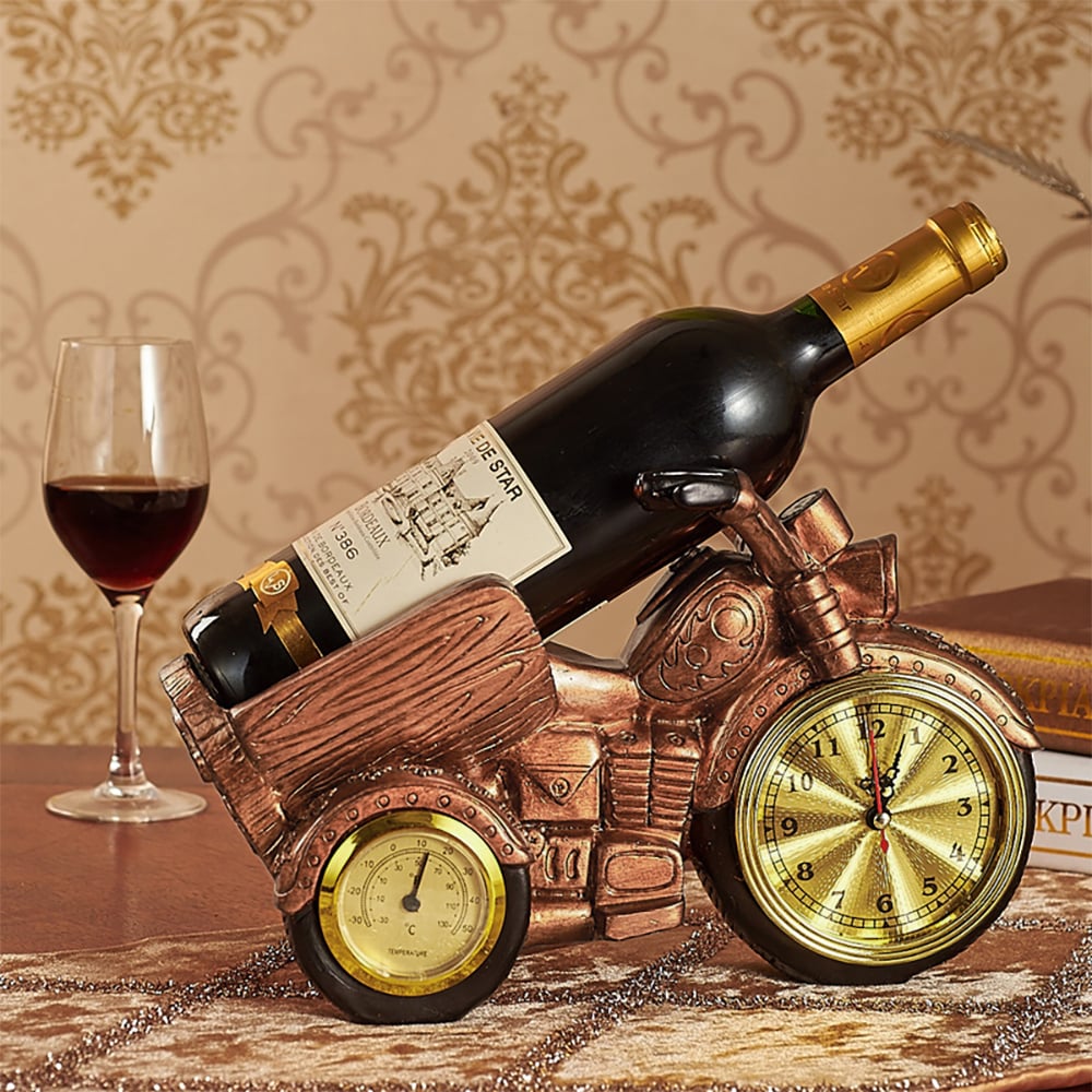 Vragen en antwoorden voor Wijnrek voor motorfiets en klok Decoratieve wijnfleshouder voor aanrecht