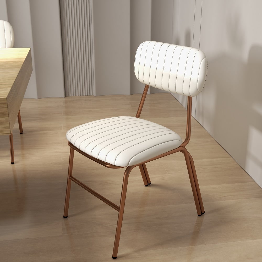 Vragen en antwoorden voor Moderne witte eetkamerstoelen (set van 2) met faux leer gestoffeerd en metalen frame