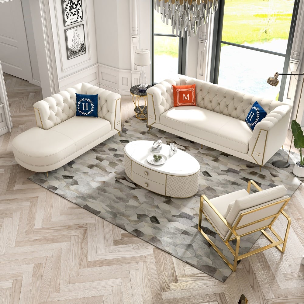 Questions and Answers for 3 Piece Modern Living Room Set Chesterfield Sofa with Chaise and Chair in Off-White