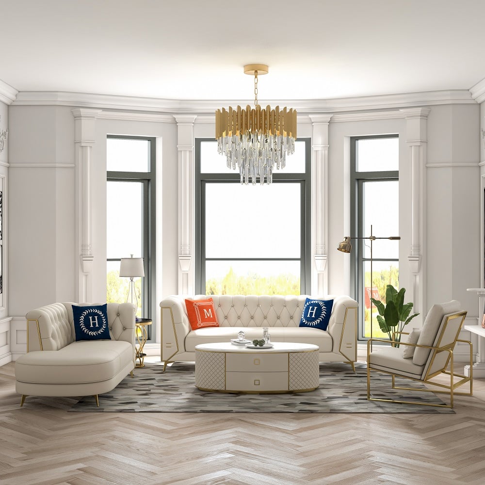Questions and Answers for 3 Piece Modern Living Room Set Chesterfield Sofa with Chaise and Chair in Off-White