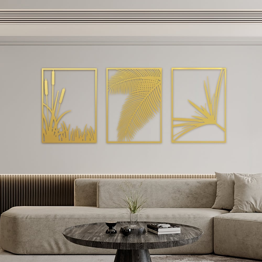 Questions and Answers for 3 Pieces Modern Gold Metal Wall Decor Plant Art with Rectangle Frame