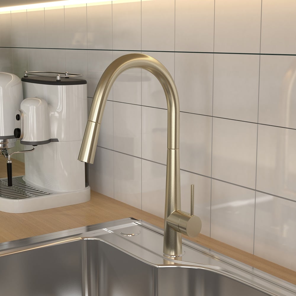 Domande e risposte per Miscelatore da cucina monoblocco estraibile ad arco alto in ottone massiccio in oro