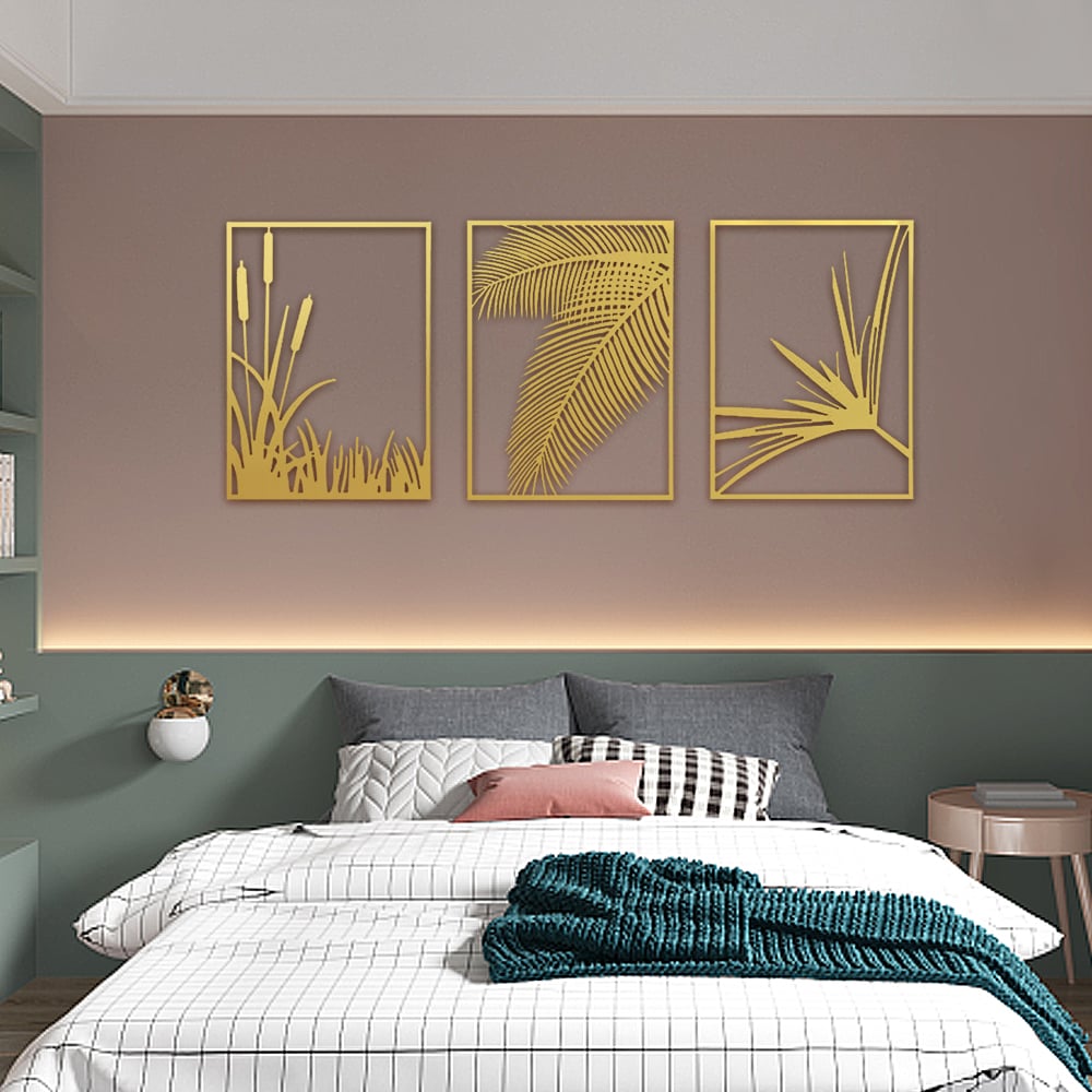 Questions and Answers for 3 Pieces Modern Gold Metal Wall Decor Plant Art with Rectangle Frame