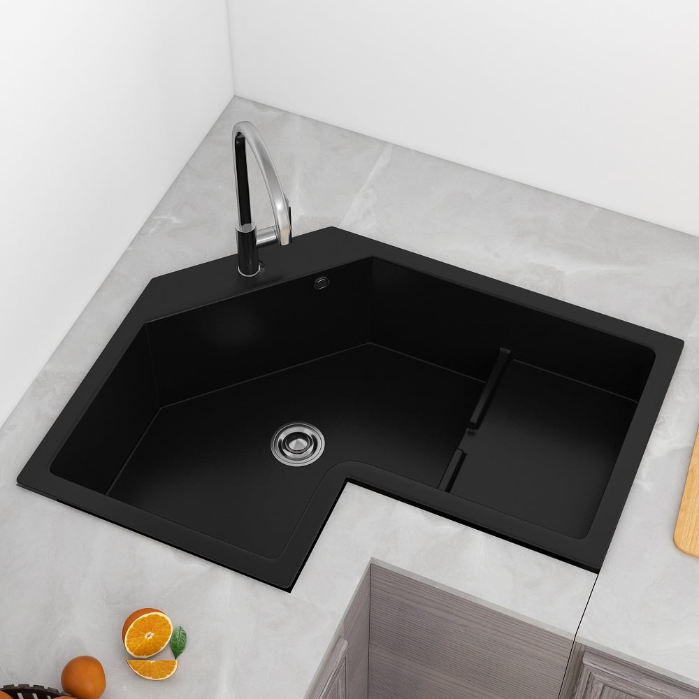 Questions and Answers for 32" Modern Black Drop In Corner Kitchen Sink Single Bowl Quartz Irregular Right Sink