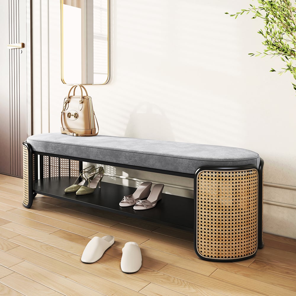 Questions and Answers for 1247mm Rattan Bench Modern Grey & Natural Upholstered Entryway Bench with Shoe Storage
