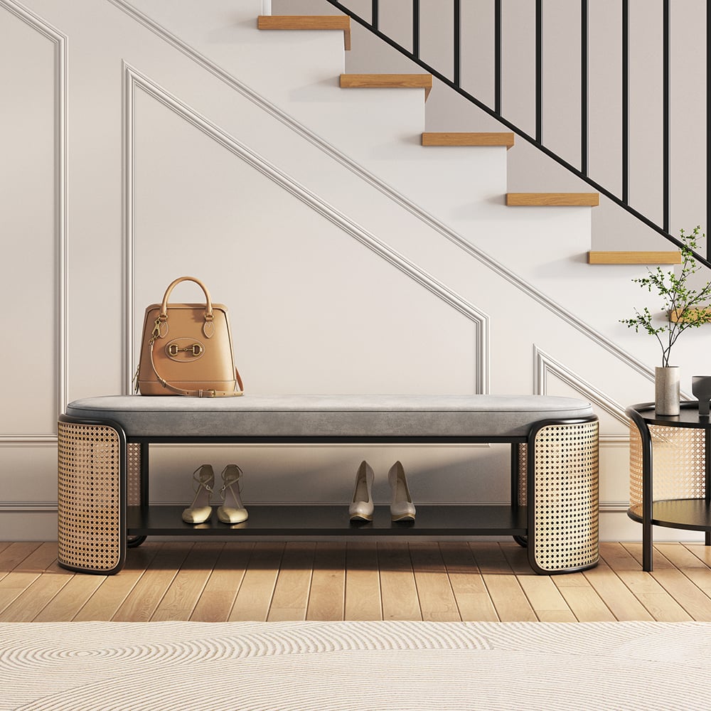 Questions and Answers for 1247mm Rattan Bench Modern Grey & Natural Upholstered Entryway Bench with Shoe Storage