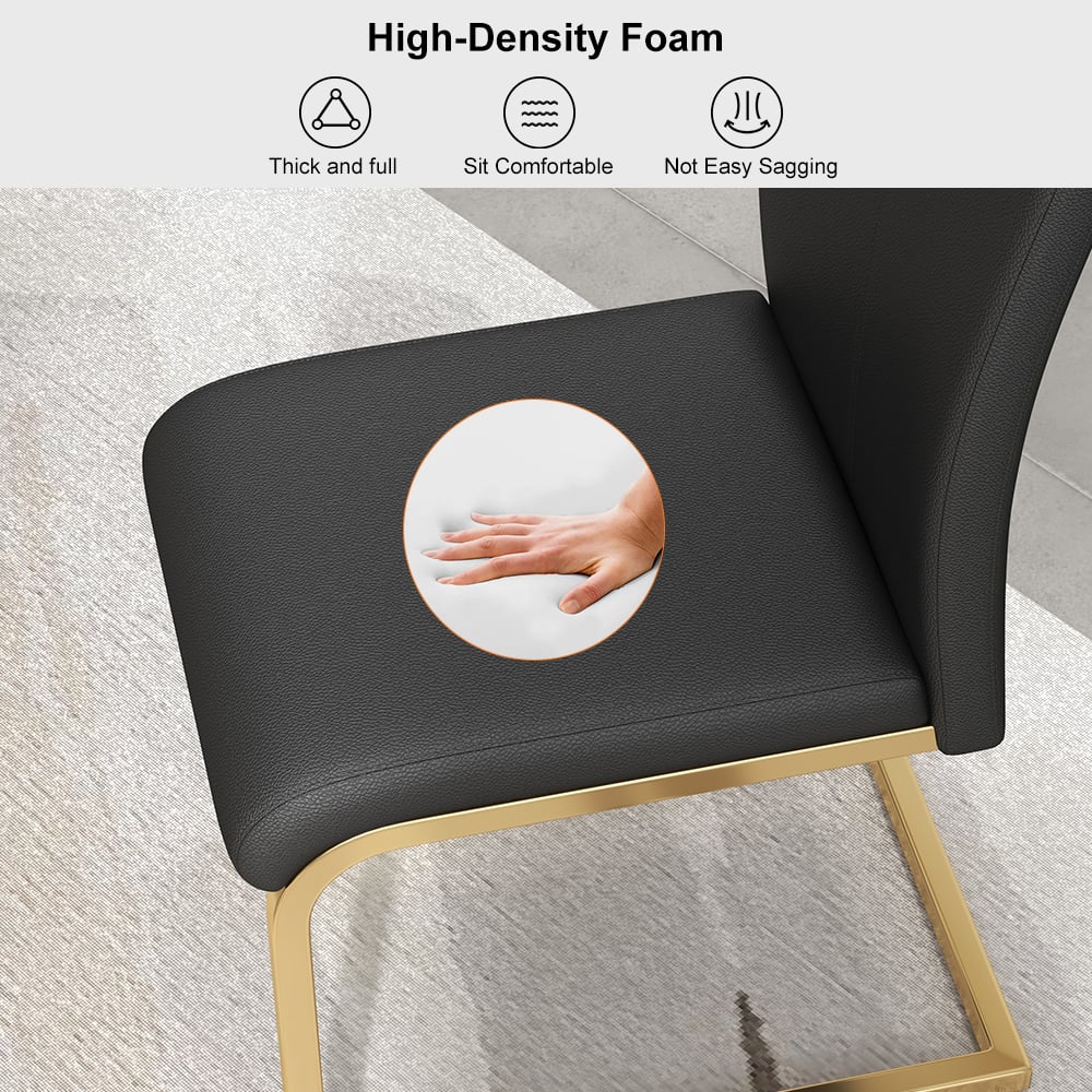 Questions et Réponses pour Lot de 2 chaises de salle à manger en cuir PU noir rembourrées minimalistes modernes base en métal doré