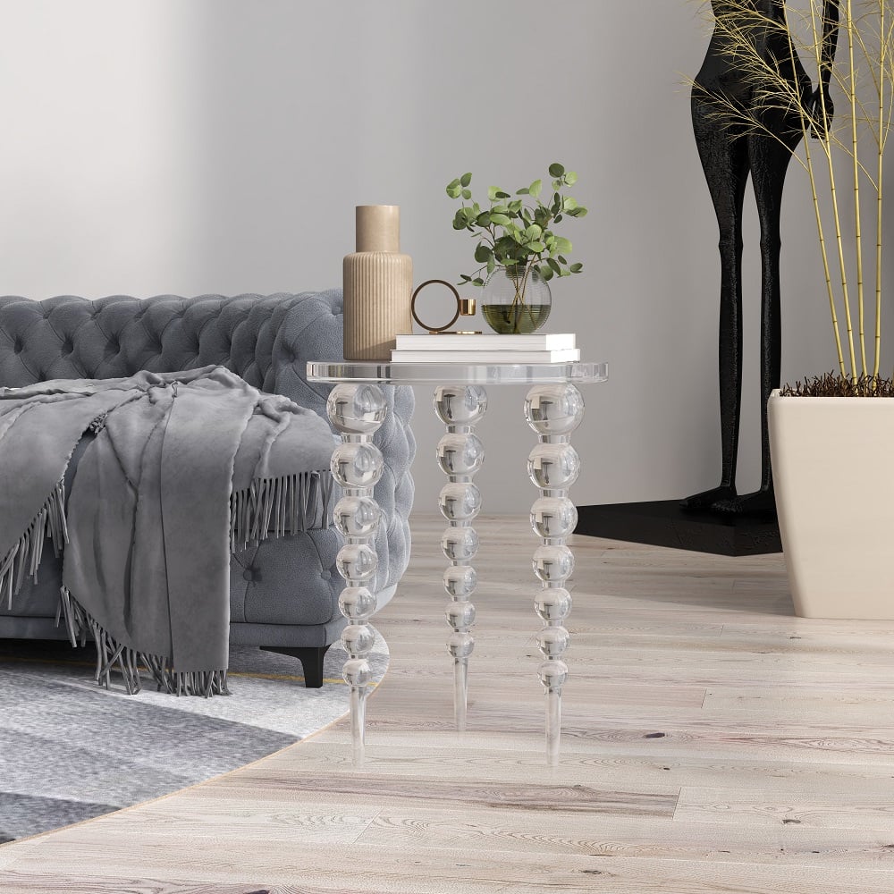 Questions et Réponses pour Table d'appoint moderne en acrylique du milieu du siècle, table d'appoint ronde transparente