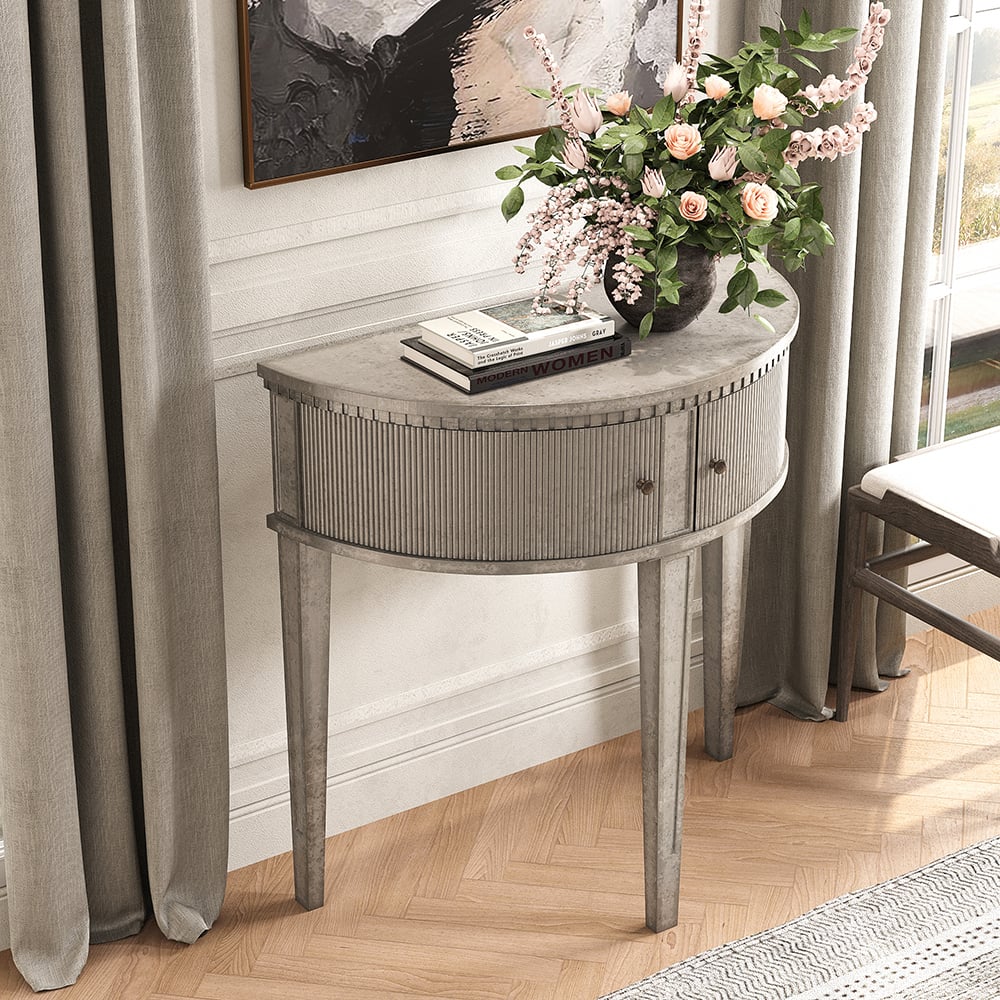 Questions et Réponses pour Console Demilune rustique, table d'entrée en forme de demi-lune grise vieillie, 2 portes