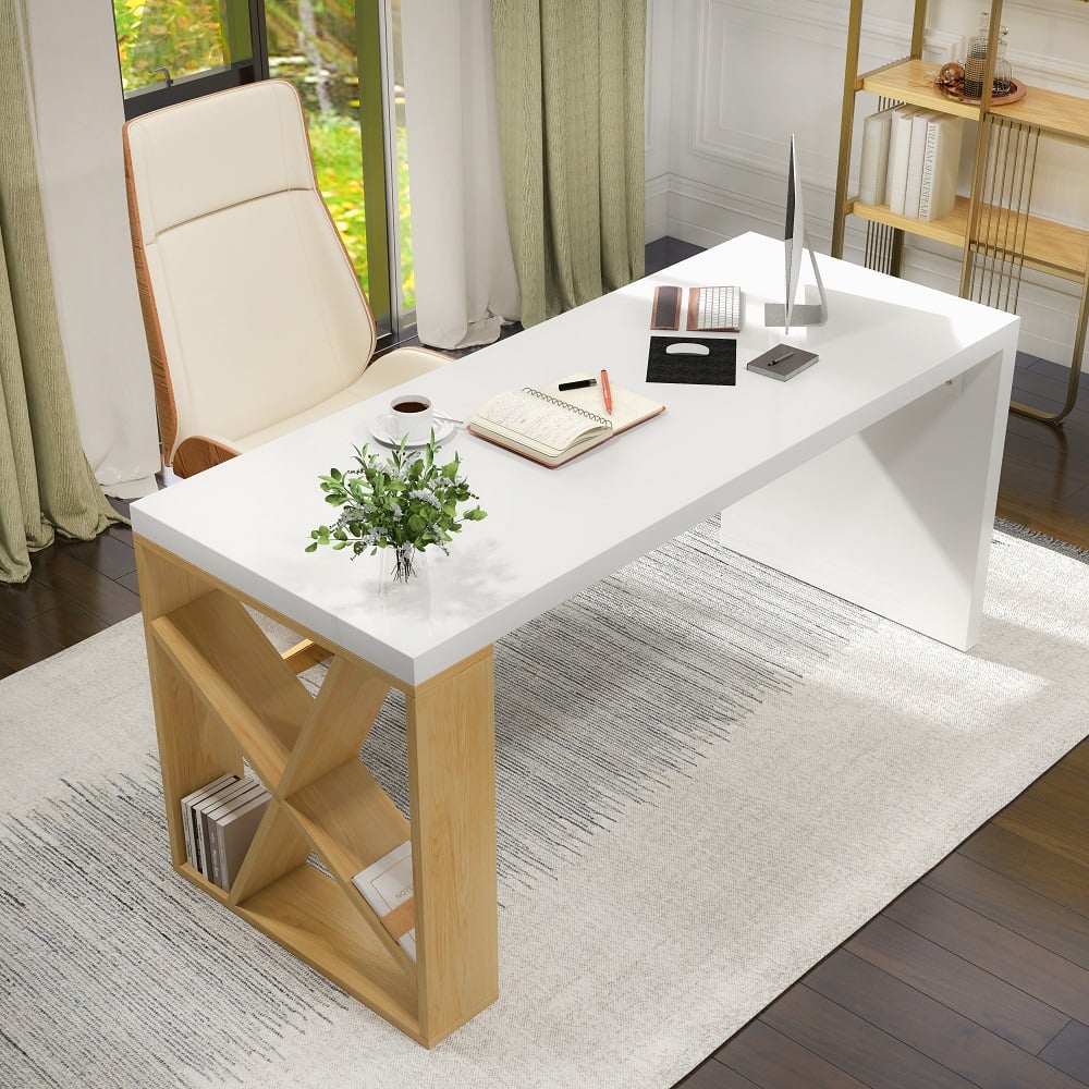 Questions and Answers for Modern White and Natural Rectangular Writing Desk with Shelves