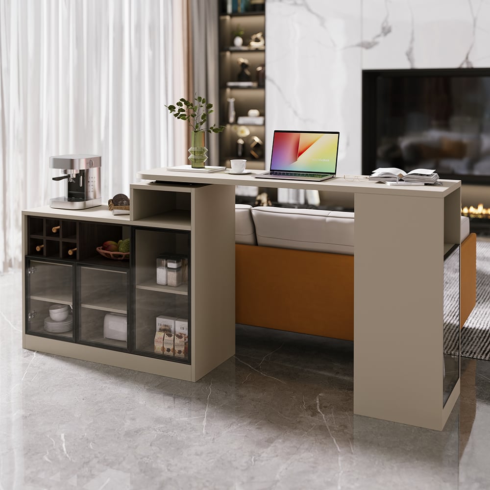 Questions and Answers for 1450mm-2100mm Sofa Bar Table Khaki Storage Cabinet Rotatable Behind Couch Pub Table