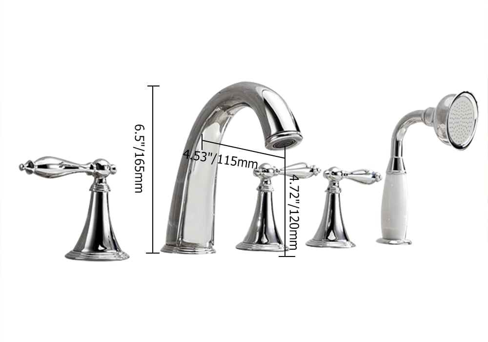 Deck Mounted Roman Bathtub Faucet with Handshower Solid Brass in Chrome weights dimensions image