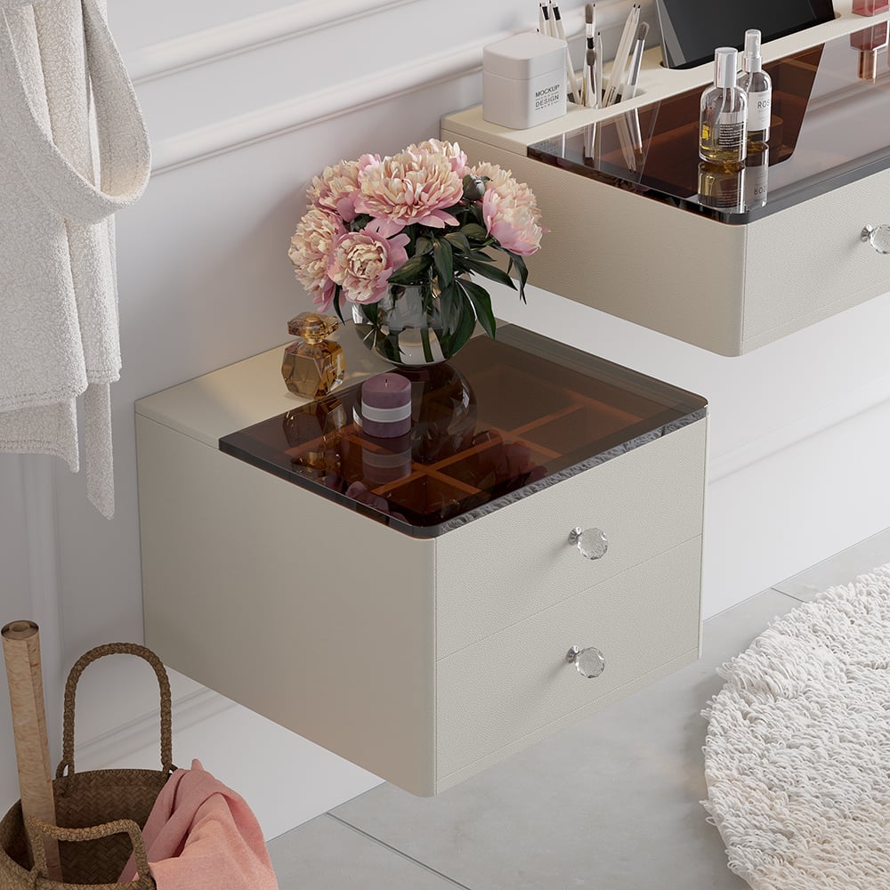 Vragen en antwoorden voor 1200 mm lederen zwevende make-upmake-upset van gehard glas met kruk