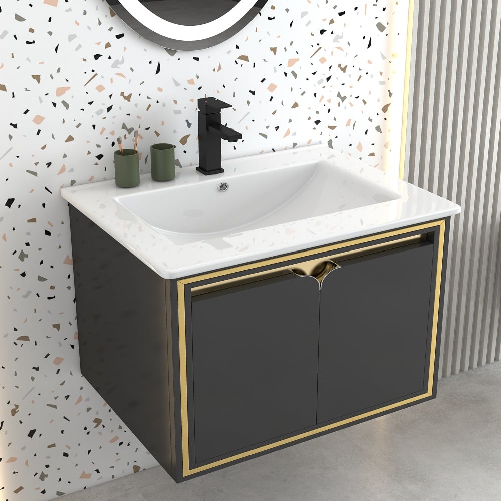 Questions and Answers for 24" Floating Bathroom Vanity Set Ceramics Single Sink with Drain in Black & Gold 