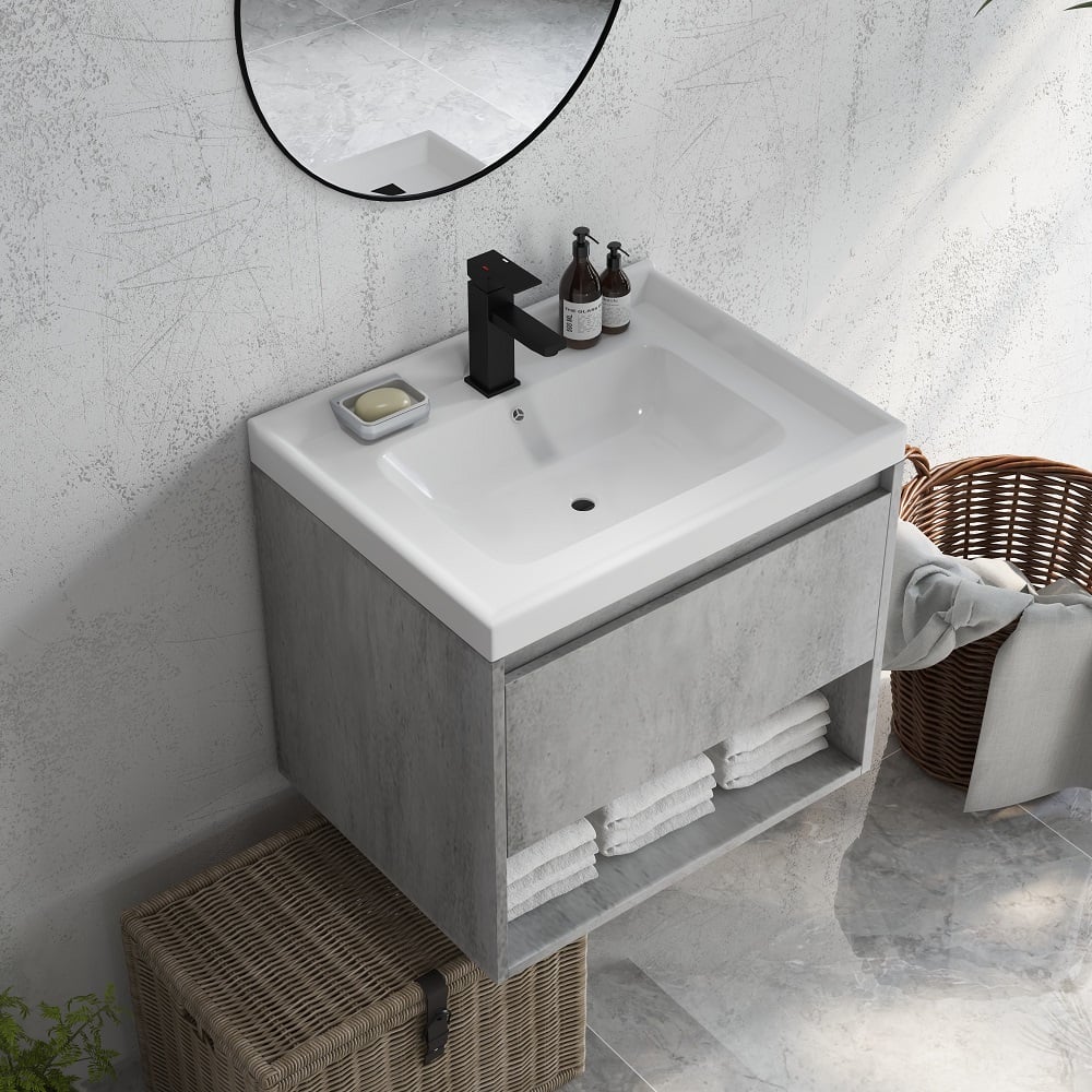 Vragen en antwoorden voor Moderne 620 mm grijze drijvende badkamermeubel met keramische enkele wastafel wandmontage