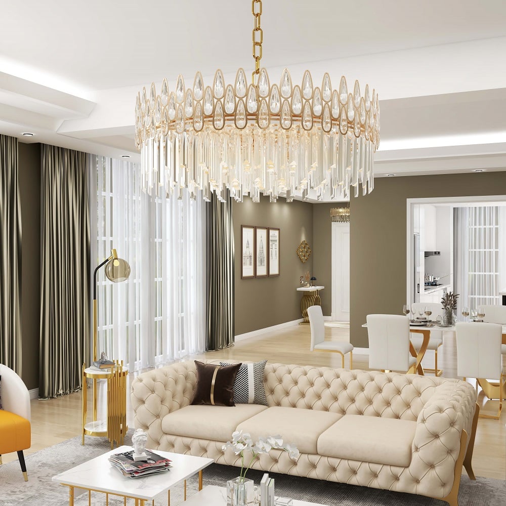 Questions et Réponses pour Lustre en cristal Ketose Modern Gold à 9 lumières avec chaîne ajustable