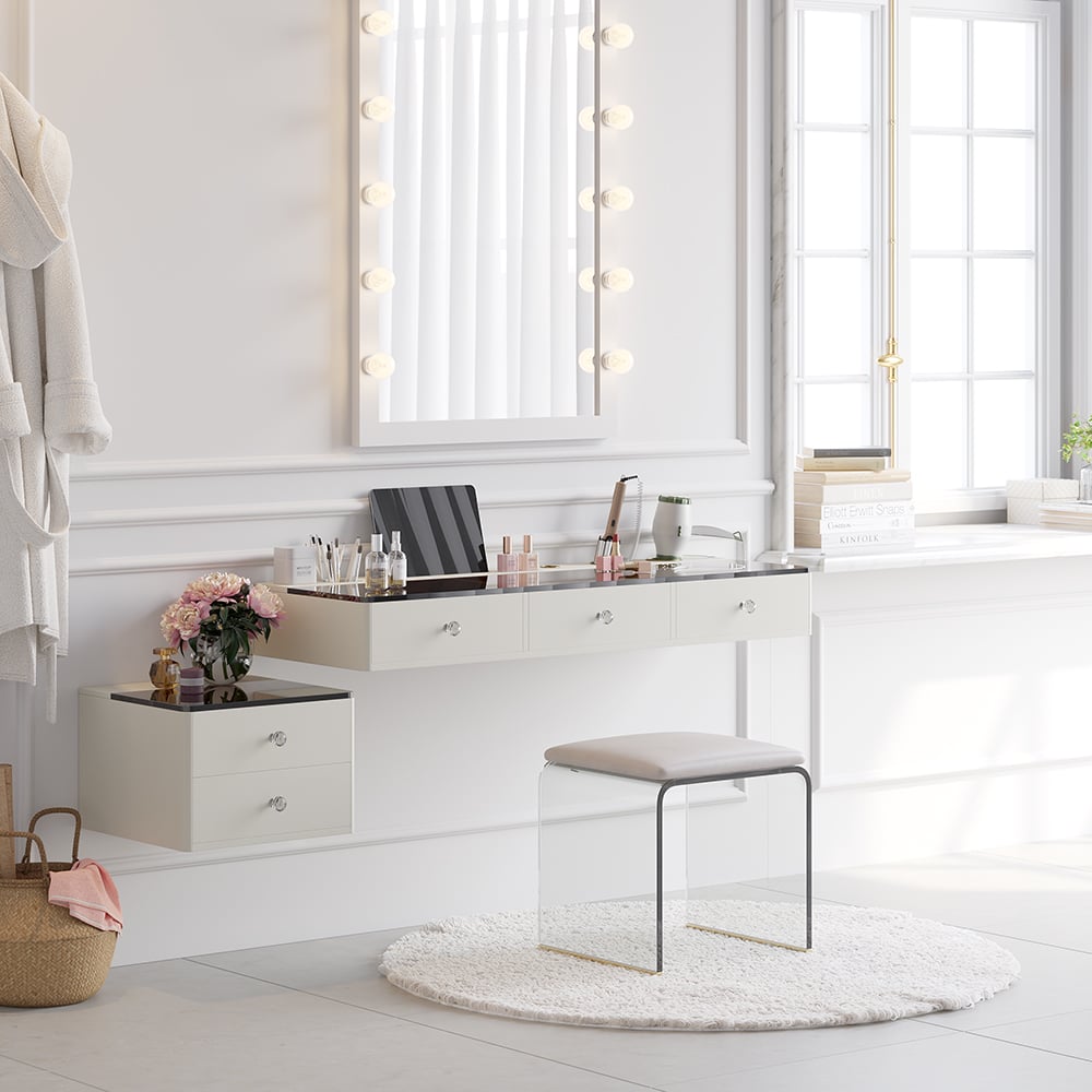 Vragen en antwoorden voor 1200 mm lederen zwevende make-upmake-upset van gehard glas met kruk