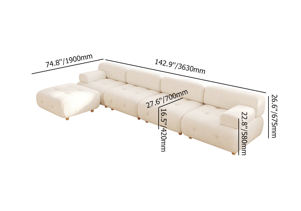 Modern L-Shaped Modular White Boucle Corner Sectional Sofa Loveseat with Wood Legs weights dimensions image