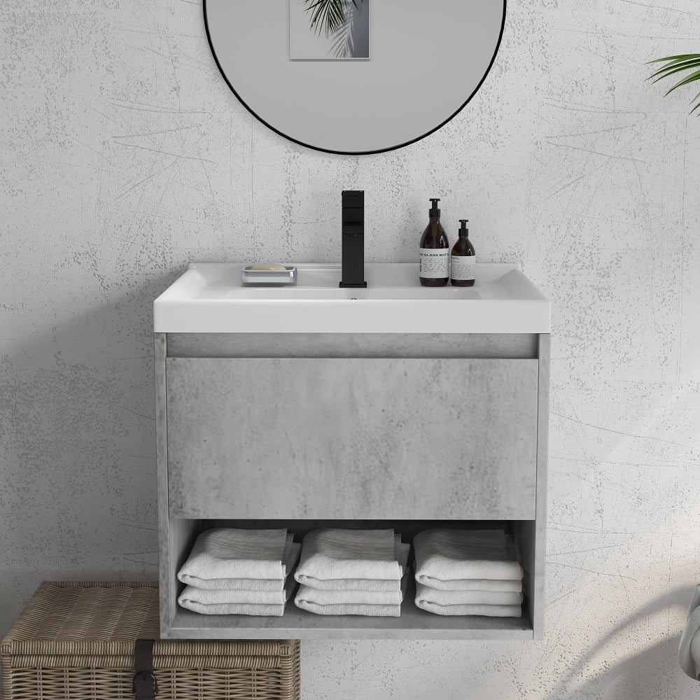 Vragen en antwoorden voor Moderne 620 mm grijze drijvende badkamermeubel met keramische enkele wastafel wandmontage