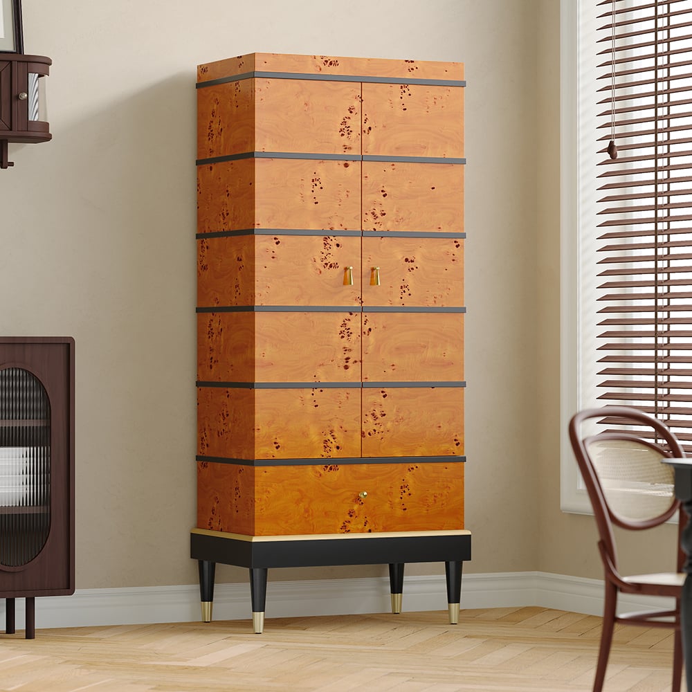 Questions and Answers for Rustic Burlwood Bar Cabinet with Glass&Bottle Holder Home Bar Cabinet