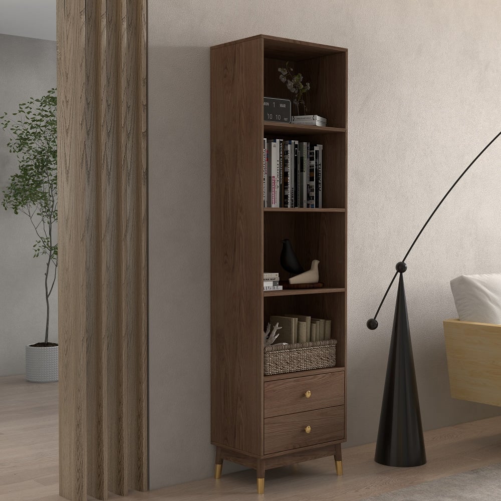 Questions and Answers for Ultic Modern & Minimalist Book Shelf with 3 Shelves & 2 Drawers in Walnut