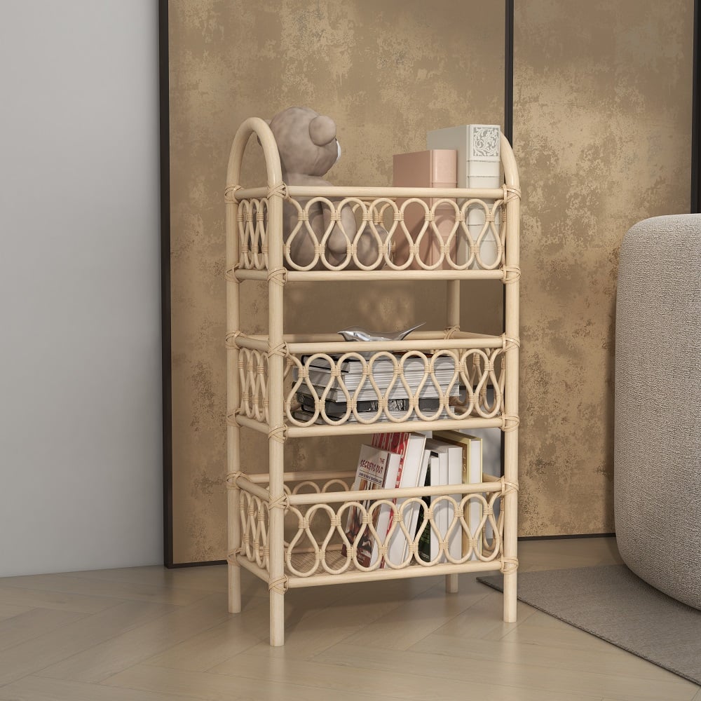 Oceny klientów dla Regał z rattanu Boho, 3-poziomowy, otwarty regał do przechowywania, drewno w kolorze naturalnym