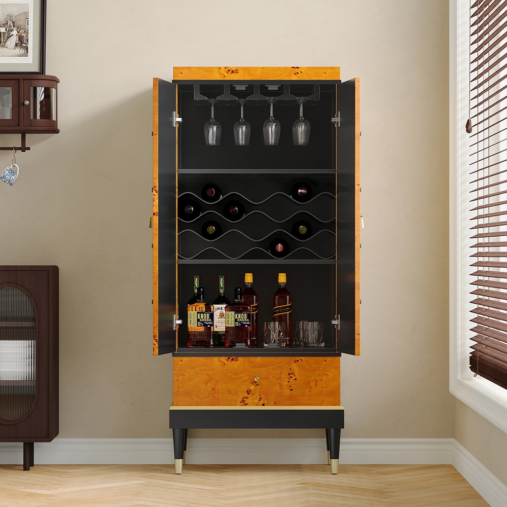 Questions and Answers for Rustic Burlwood Bar Cabinet with Glass&Bottle Holder Home Bar Cabinet