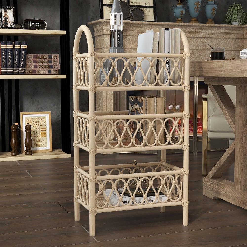Oceny klientów dla Regał z rattanu Boho, 3-poziomowy, otwarty regał do przechowywania, drewno w kolorze naturalnym