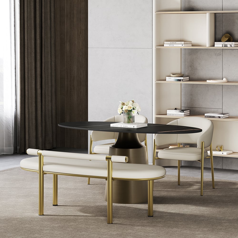 Questions et Réponses pour Banc de salle à manger incurvé Curvice blanc cassé avec dossier en similicuir en acier inoxydable doré