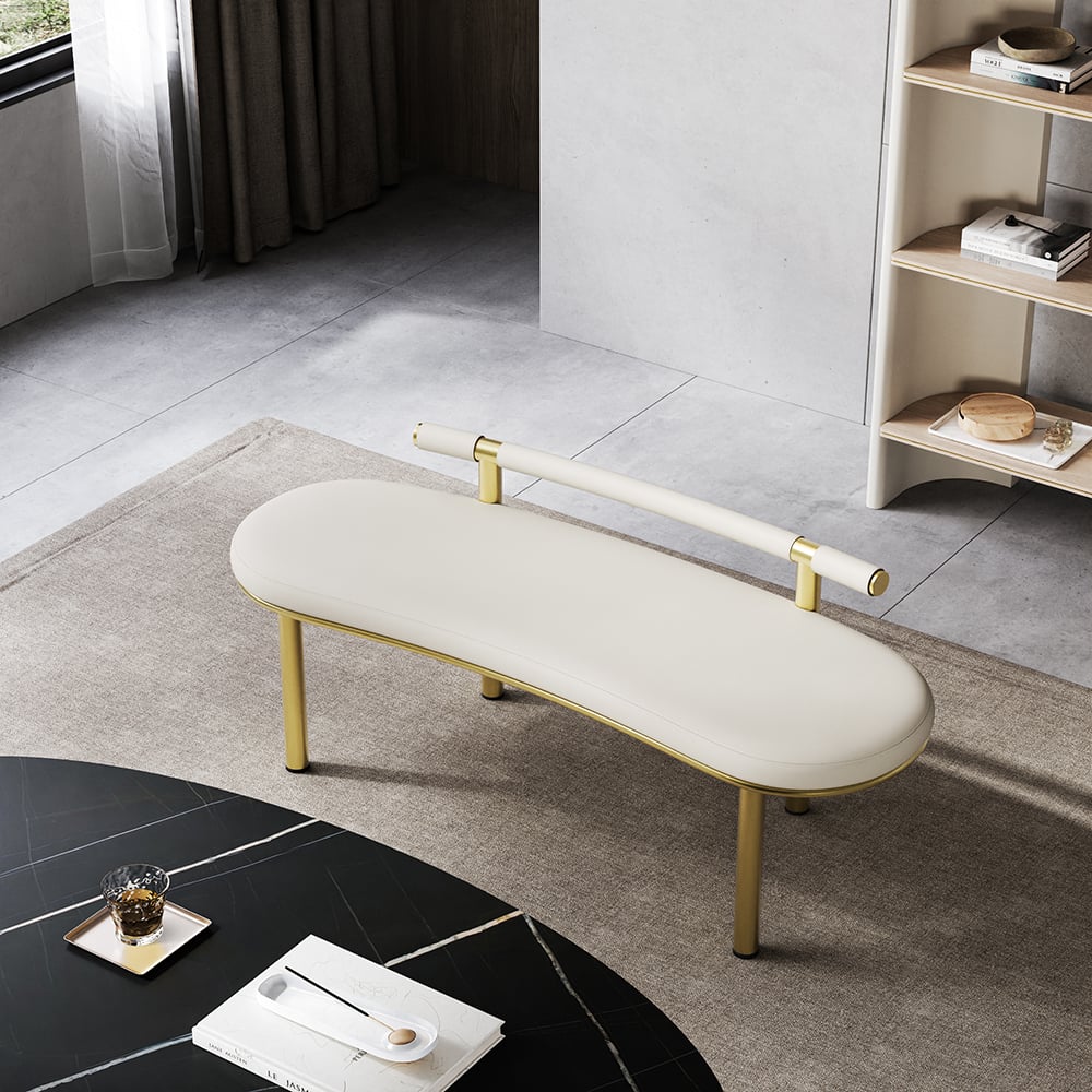 Questions et Réponses pour Banc de salle à manger incurvé Curvice blanc cassé avec dossier en similicuir en acier inoxydable doré