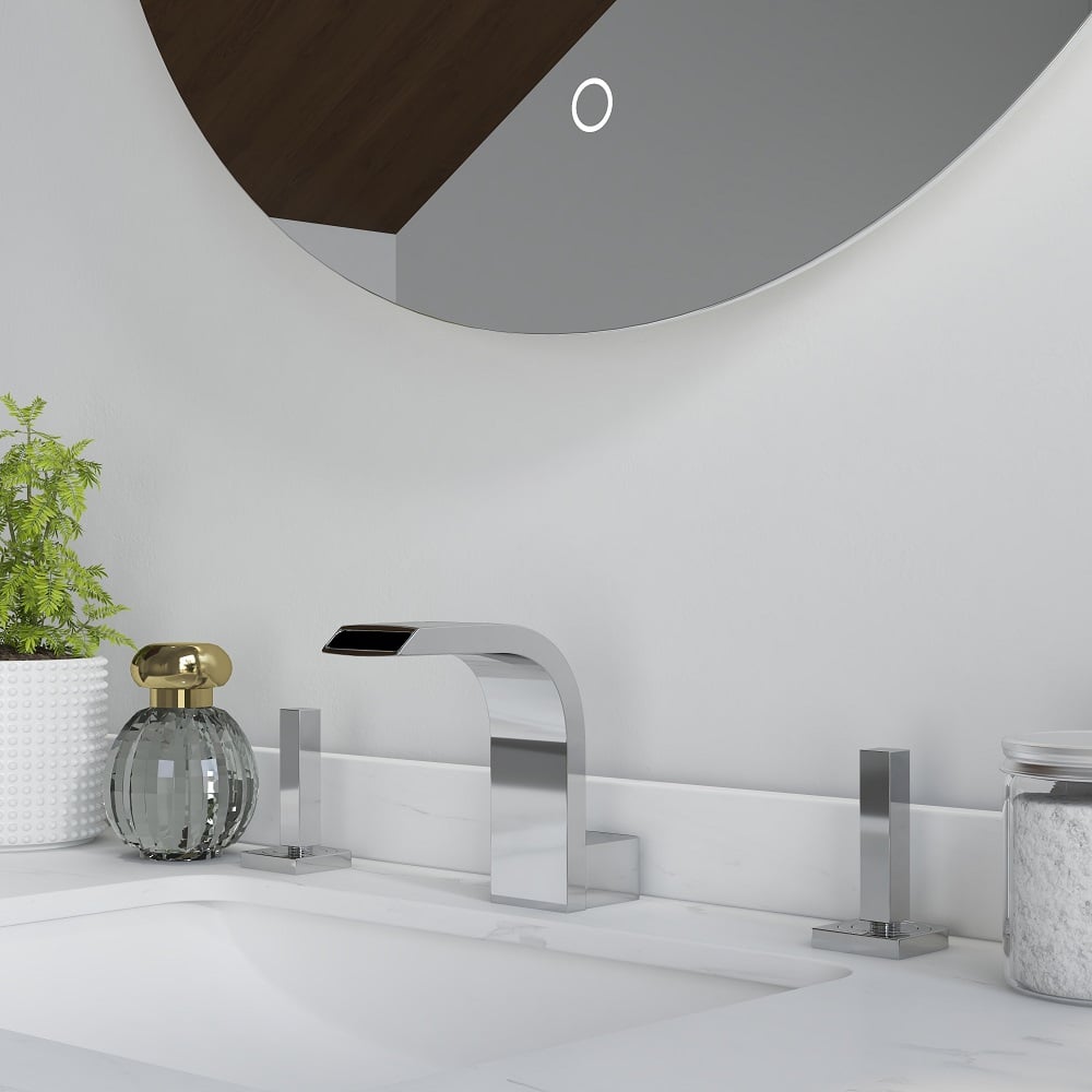 Questions and Answers for Contemporary Widespread Waterfall Spout Deck Mounted Bathroom Sink Faucet Double Handle Solid Brass in Polished Chrome