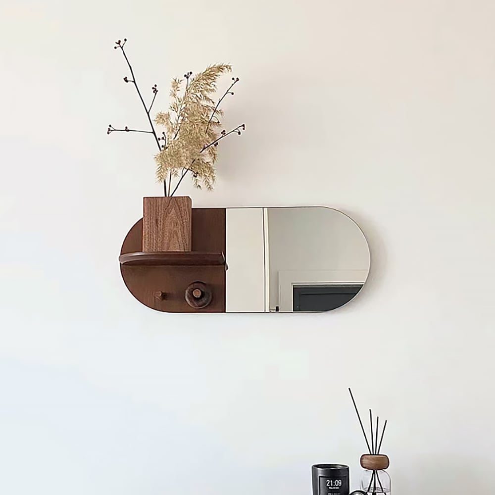 Questions and Answers for Mid-Century Modern Wood Wall Mounted Coat Rack in Walnut with Mirror & 2 Hooks & 1 Shelf