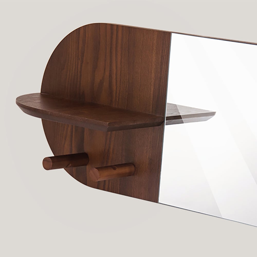 Questions and Answers for Mid-Century Modern Wood Wall Mounted Coat Rack in Walnut with Mirror & 2 Hooks & 1 Shelf