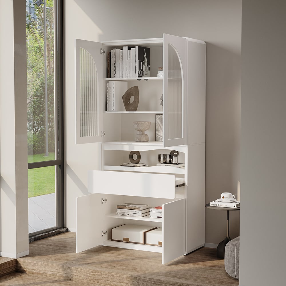 Questions and Answers for 74.8" Modern Modular Bookcase with 4 Doors and 1 Drawer White Wooden Bookshelf Storage