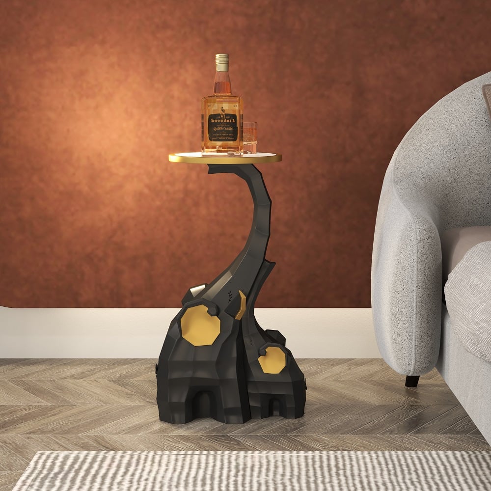 Questions and Answers for Black & Gold End Table with Tray Top Decor Elephant Shape Side Table