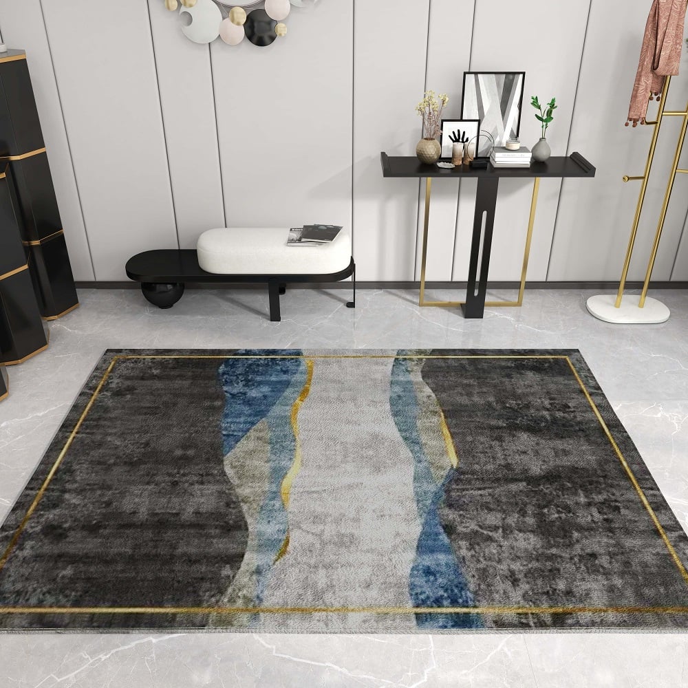 Questions and Answers for Modern Abstract Gray and Gold Rug Polyester Rectangle 5' x 7' Living Room Area Rug