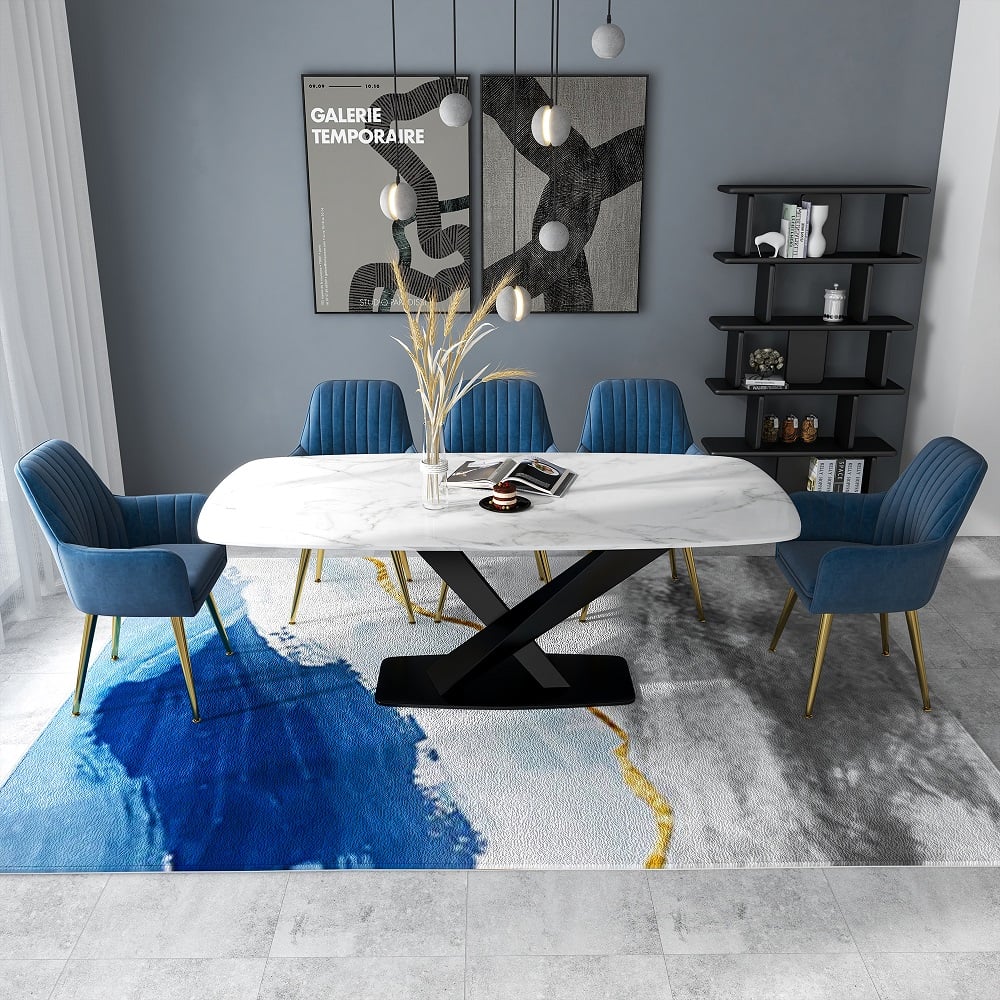 Questions and Answers for Abstract Modern Blue and Gold Rug Polyester Rectangle 6' x 8' Living Room Area Rug