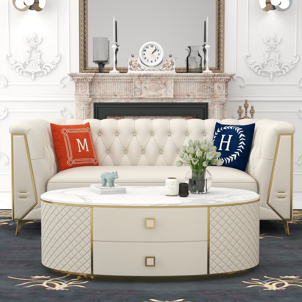 Questions and Answers for Modern White Oval Sintered Stone Top Coffee Table Microfiber Leather with 2 Drawers