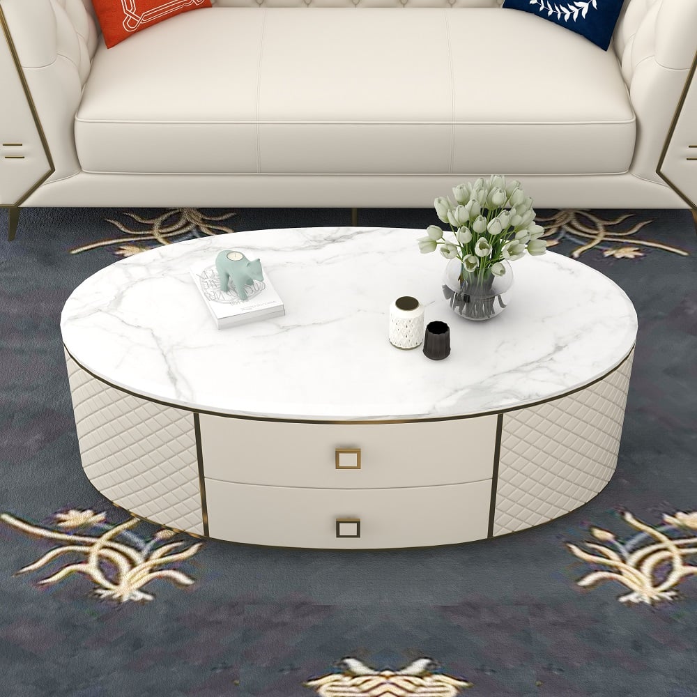 Questions and Answers for Modern White Oval Sintered Stone Top Coffee Table Microfiber Leather with 2 Drawers