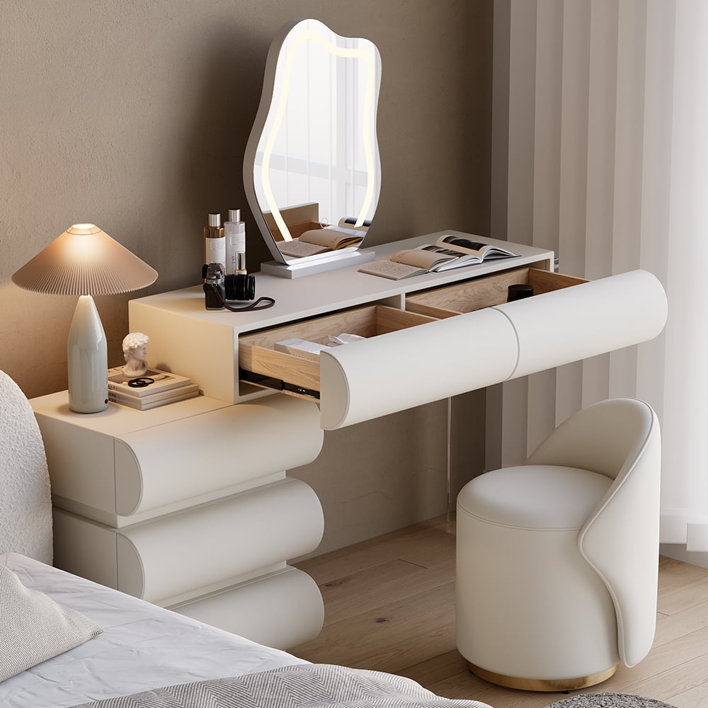 Schminktafel Set in Wit met Kunstleer en LED-Verlichting, Modern 1020mm Breed met Kruk｜Homary  DE